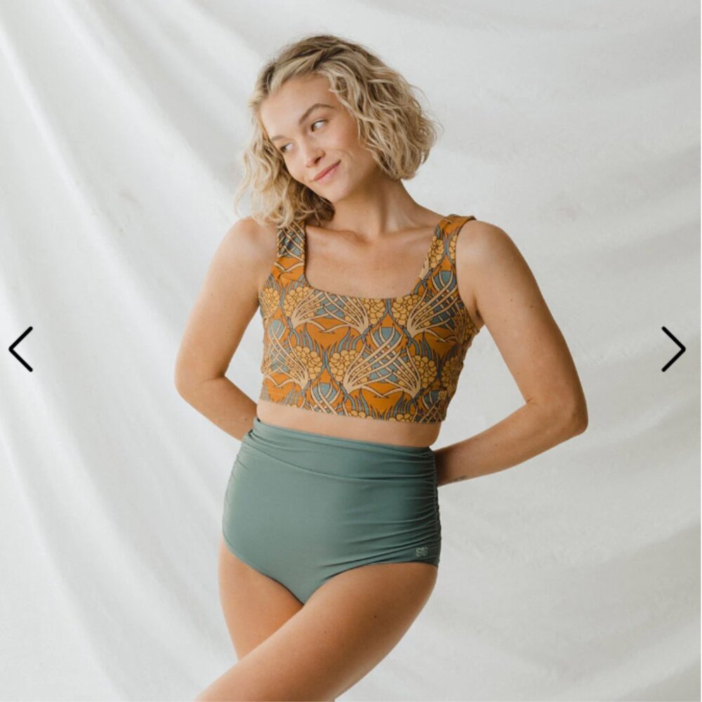 Albion Fit Swimsuit - Golden Hour top & Sea Salt ruched high-waisted bottoms